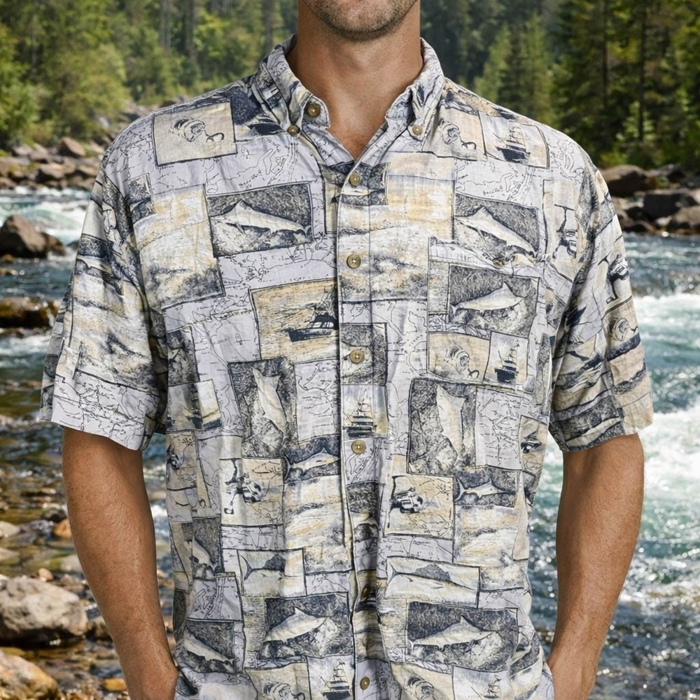 Field And Stream‎ Shirt 2XL Fishing Gamefish Boats Fishing Reels Gray Tan
